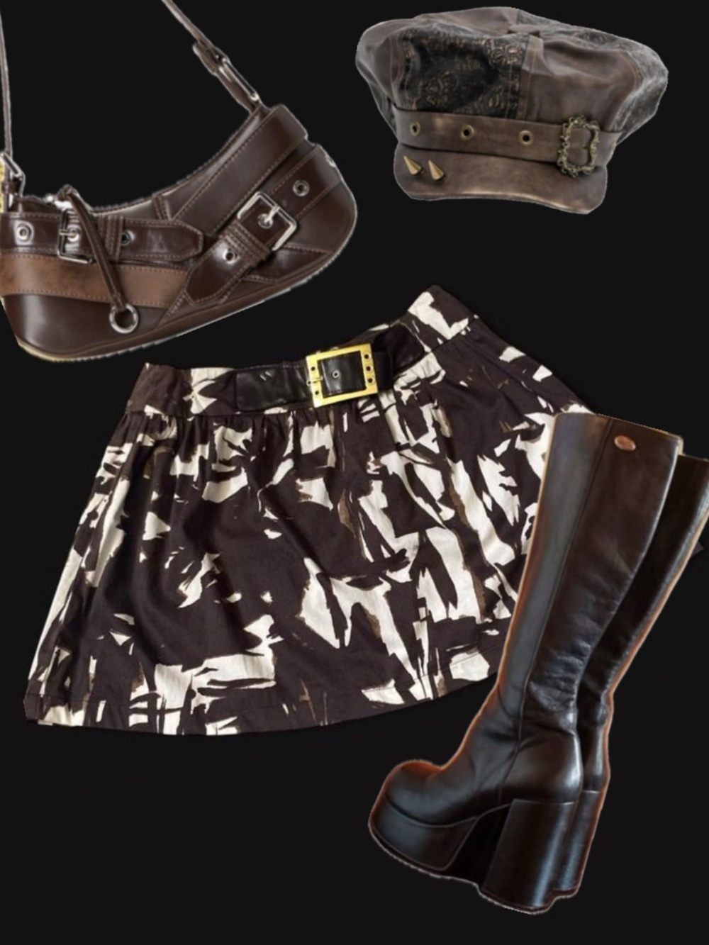 Vintage Heart Soul Brown and Cream Abstract Print Mini Skirt with Black Belt